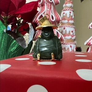 Vintage 1970’s Elegant Carved Buddha Pendant with Jade and Gold Plated Accents